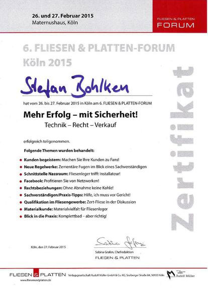 Zertifikat - Stefan Bohlken - Fliesen und Platten Forum