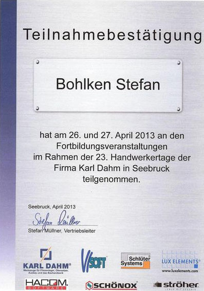 Zertifikat - Stefan Bohlken - Fortbildung Teilnahmebestaetigung