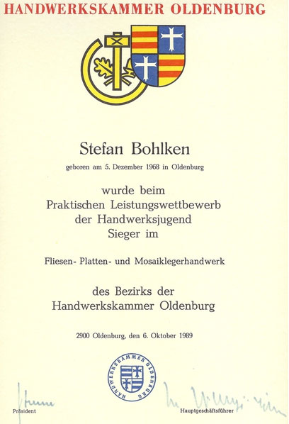 Zertifikat - Stefan Bohlken - Handwerkskammer Oldenburg